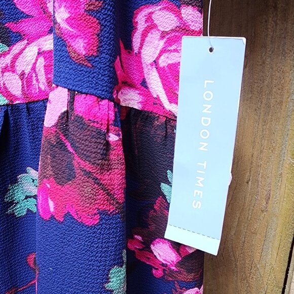 *NWT* Women's sz 16  London Times Navy Smocked Waist Tiered Mini Dress - Picture 2 of 9